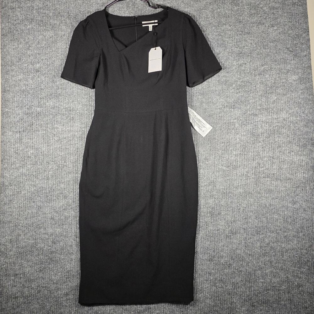 Dress the Population Black Midi Sheath Dress Asym Neck Puff Sleeve NWT M